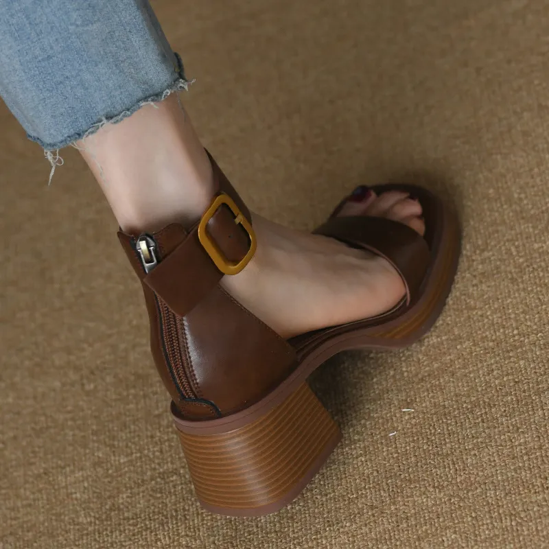 British Style Retro Word With Sandals Woman Heel Back Zipper De-Shoe Summer High Heels Women Coarse HZ0115