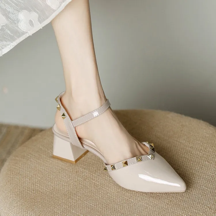 High-Heeled Women 2025 Summer New French Rivets Shallow Heel Sharp Fashion Sandals Women HZ0115