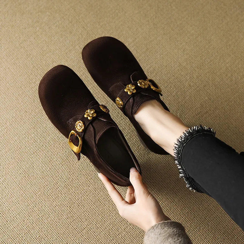 Great Look! Scrub Retro Gold Buckle Coarse Heel Lefu Single Shoes Women Heel Grandmother Shoes HZ0115