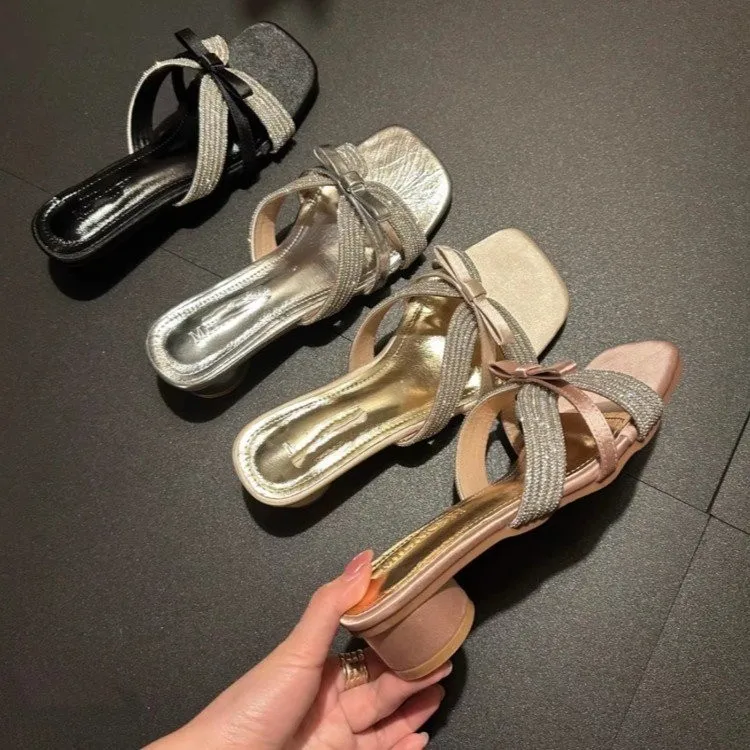 Slippers Women 2025 Summer New Water Drill Bow Coarse And Cool Drag Side-On With Fashion High Heels HZ0115