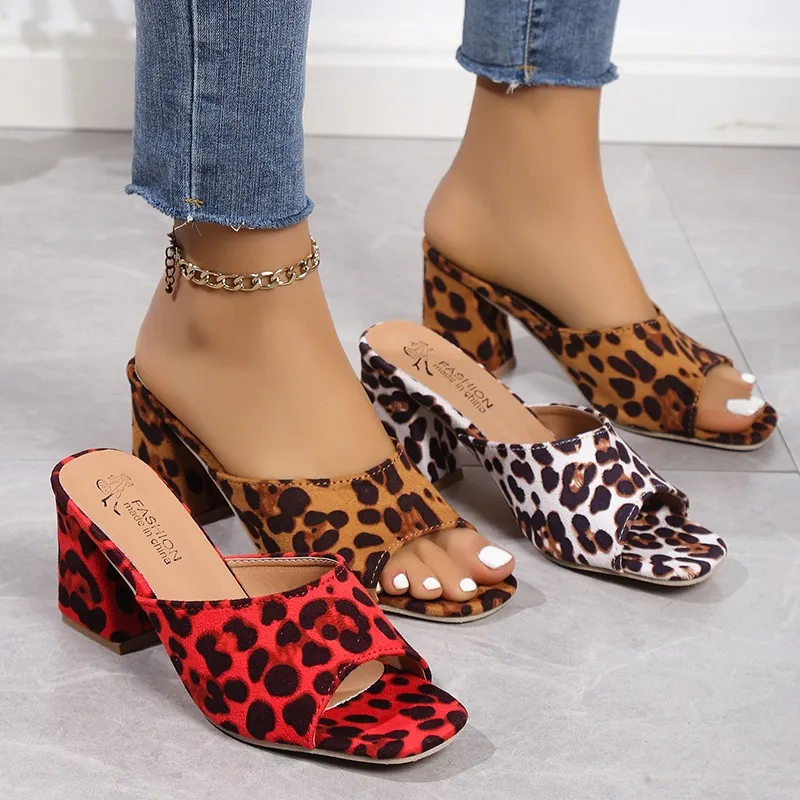 2025 Summer New Large Women's Shoes Square High Heel Slippers Women Leopard Print Coarse Sandals Women HZ0115