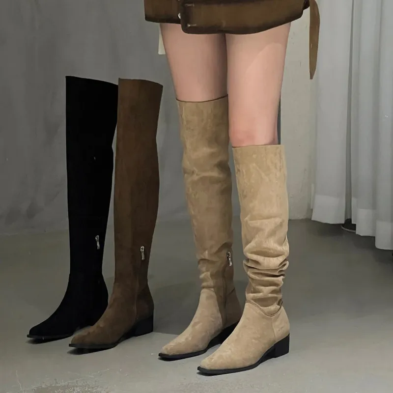 Two Long Legs!Two Through The Knee Long Boots Girl Retro Velvet Fold Pile Boots Square Head Thick And High Knight Boots HZ0115