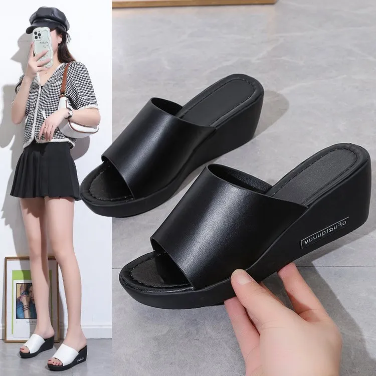 2025 Summer New Slope And Fish Mouth Thick Bottom Cake Word PU Leather Cool Slippers High-Heeled Slippers Women HZ0115