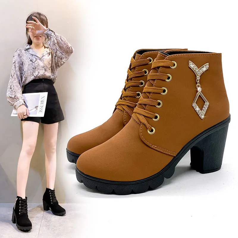 Autumn High-Heeled Single-Shoe Women's Shoes Thick Heel Short Boots Round Head Martin Boots Women's Lace And Bare Boots Knight Boots HZ0115