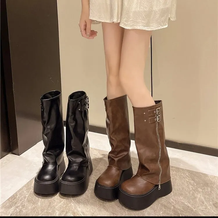 Thick Bottom Big Head Trouser Boots Women 2025 Autumn And Winter New Pine Cake With But Knee Fashion Belt Buckle Knight Boots HZ0115