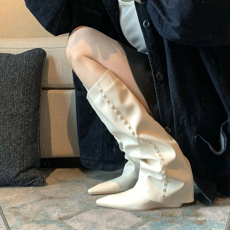 White Trousers Boots 2025 New Net Red Fat Mm Pointed Slope And High But Knee Long Boots Woman HZ0115