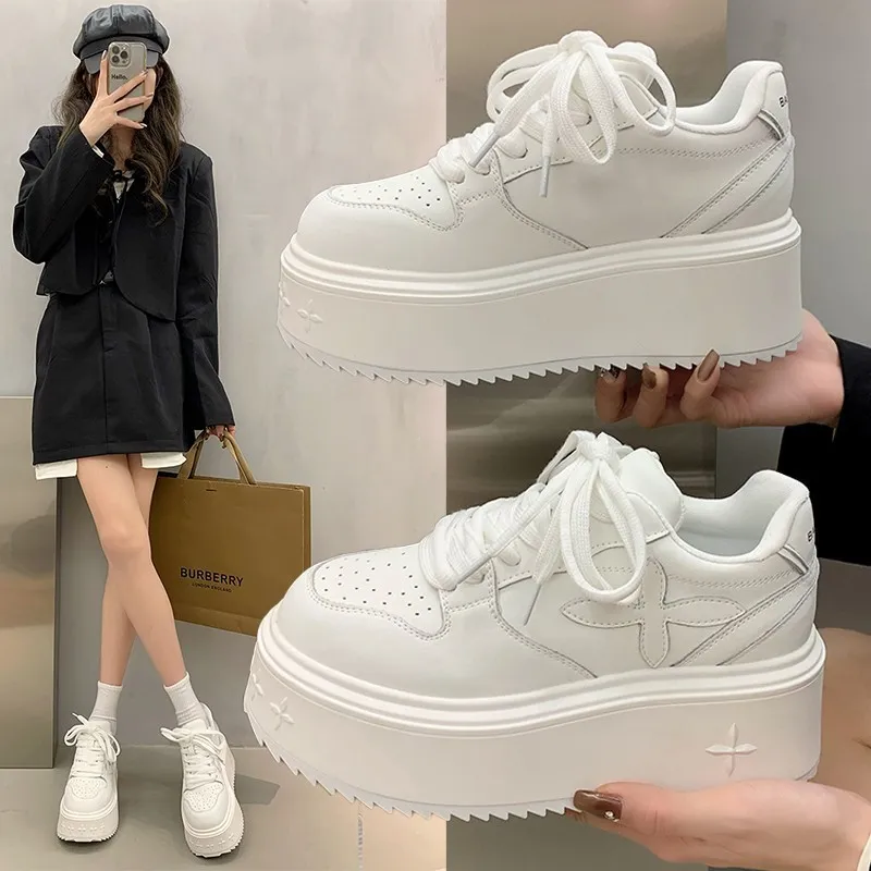 Thick Bottom Small White Shoes Women 2025 Spring New Cross-Flower Leisure Pine Shoes Sports Height Plate Shoes Thick Soles HZ0115