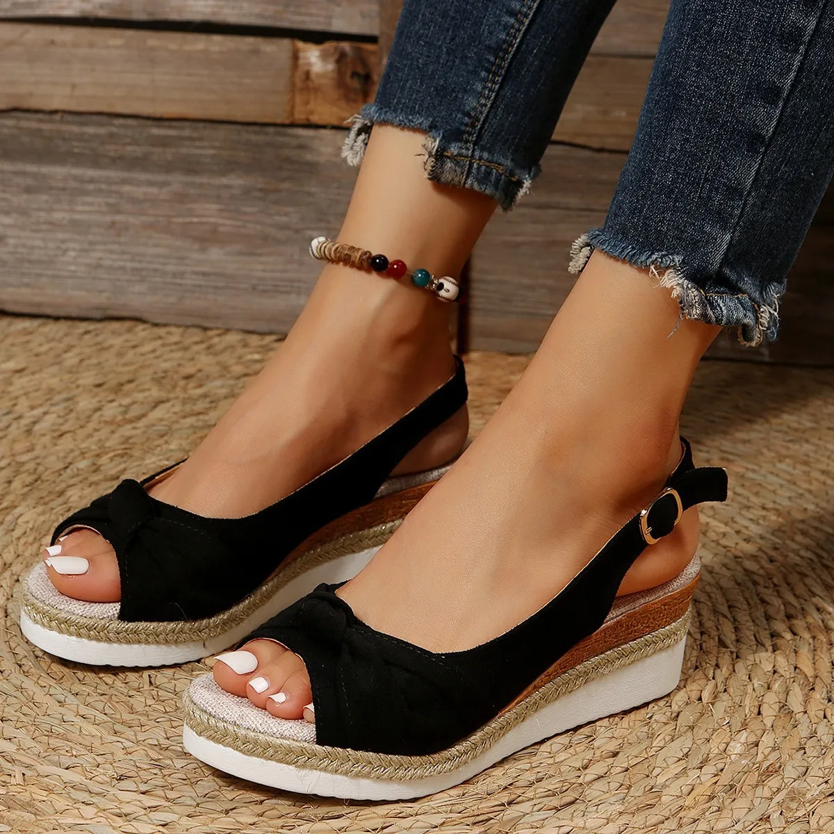 New Velvet Hemp Rope Bow And Sandals Women's Casual Slopes And Thick-Soled Sandals Women's Shoes HZ0115