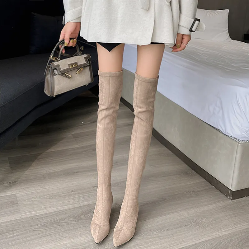 Long-Heeling Boots Women's Elastic Boots Tips High With Boots Children Over The Knee Velvet High Boots Kaqi Color HZ0115