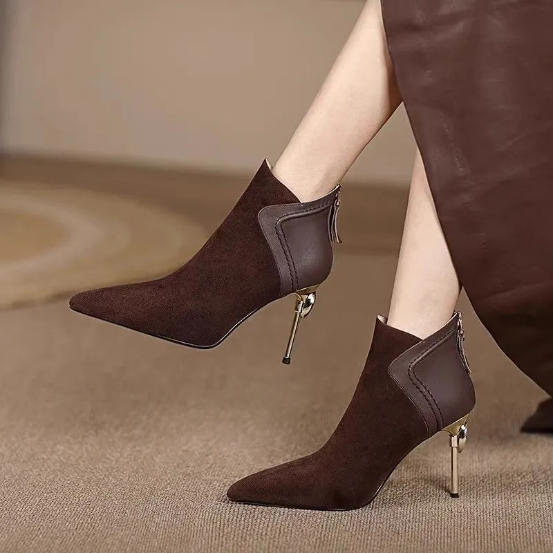 Short Boots And 2025 Autumn And Winter New Soft Leather Tip Temperament High And Short-Box Women's Boots Frosted Skin Spliced Naked Boots HZ0115