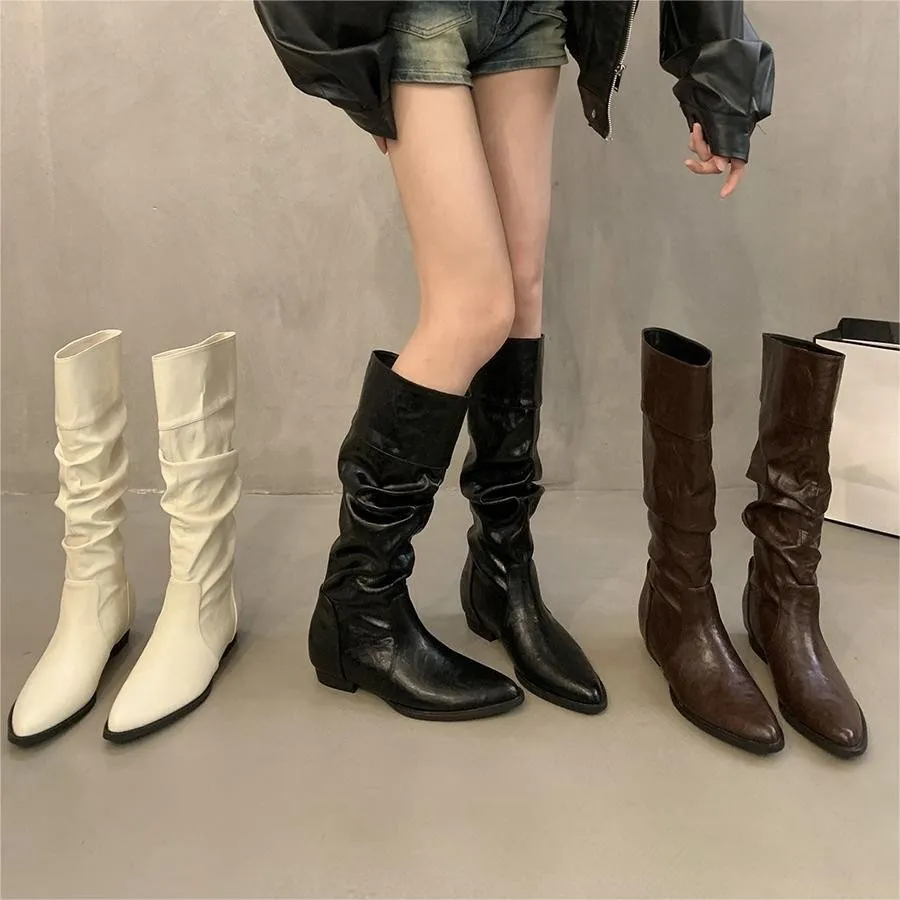Mi-White Coarse Heel Tip-Tap Pile Boots Long Boots Women's Shoes 2025 New Spring And Autumn Winter Mid-Skinny Knight Boots HZ0115