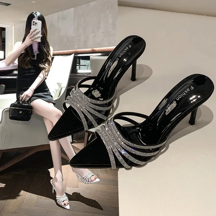 High Heels Summer New Water Drill Sandals Thin Heel Toe Sexy Word With Fairy Wind Wearing Cold Slippers HZ0115