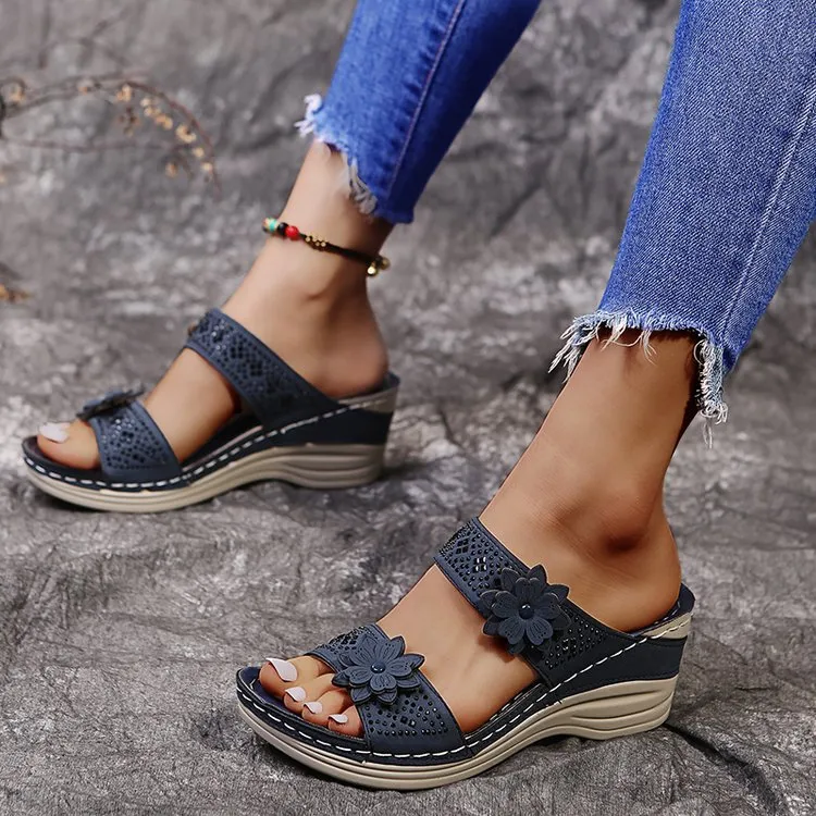 Large-Size Spring And Summer New Retro Leisure Flowers Water Drilling Slope With A Word Of Women's Slope And Slippers HZ0115