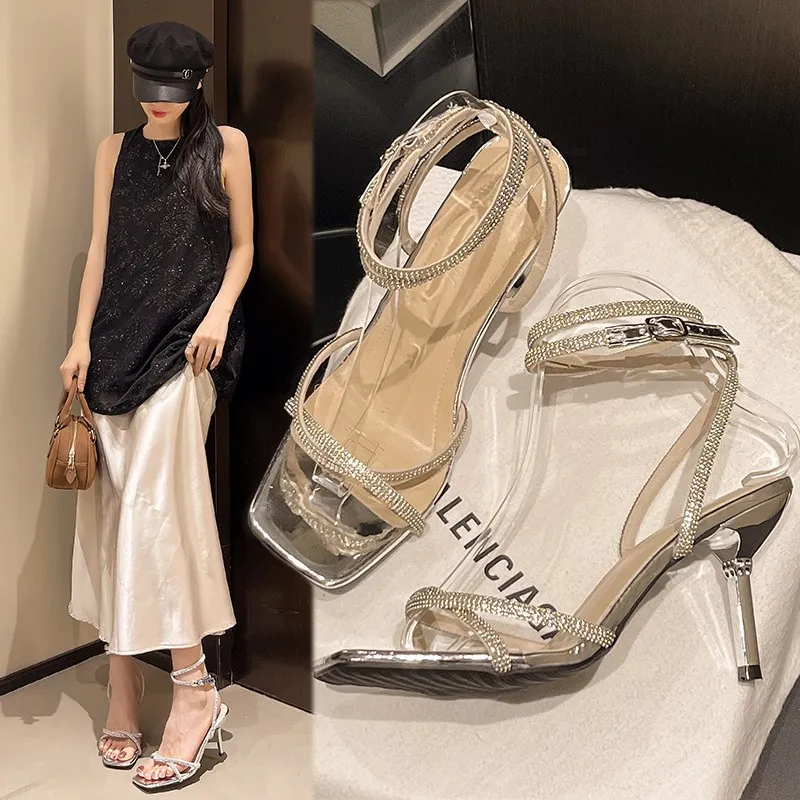High-Heeled Women 2025 Summer New French Word With Water Drill Cross Side-Upfrequetion Sexy Fine Heel Sandals HZ0115