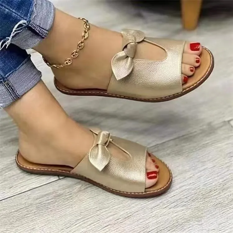 New Summer Women's Flat-Bottomed Slippers Bows Decorate Wide Strip Slippers Solid-Colored Large-Size Flat-Bottomed Sandals HZ0115