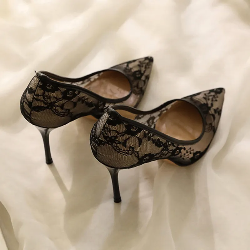 High-Heeled Women 2025 New Lace Transparent High-Heeled Women's Fine Heel Sexy Mesh Single Shoes Professional Women's Shoes HZ0115