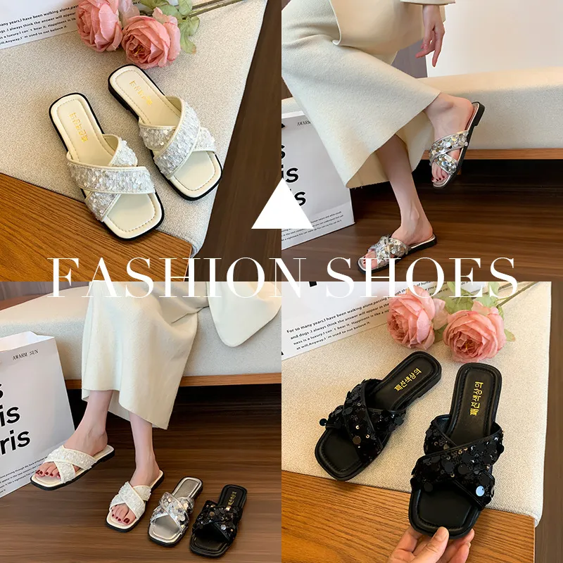 French-Style Squin Cross With Cool Slippers 2025 Summer New Exterior Wearing Flat-Bottomed Leisure High-End Pedal Slippers HZ0115