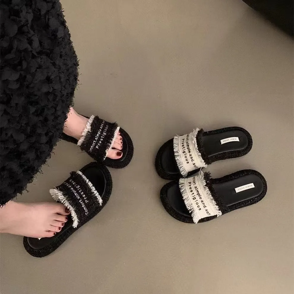 Slippers Women 2025 Summer New Flat Bottom Round Head Thick-Bottomed One-Word Drag Wearing Small Scented Wind Cool Slippers Women HZ0115