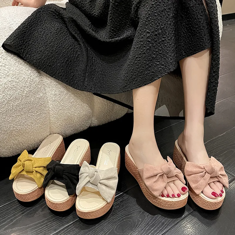 Large-Size Slope And Slippers Women 2025 Spring And Summer New Thick-Bottomed Bow One-Word Fashion Cold Slippers HZ0115