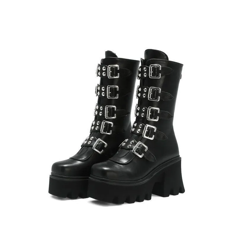 New Black High Barrel PU Artificial Thick Bottom High And Martin Boots After Zipper Large-Size Stage Women's Boots HZ0115
