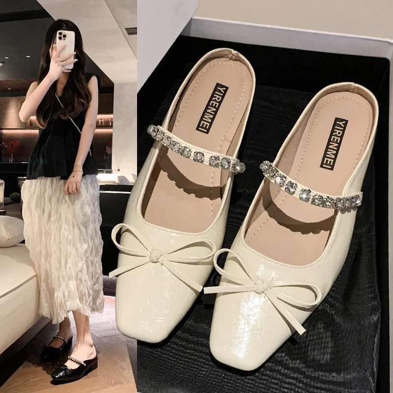 Mary Jane Shoes Women 2025 Spring And Summer New French Bow Water Drill Side Cool Drag Head Thick And Slippers Woman HZ0115