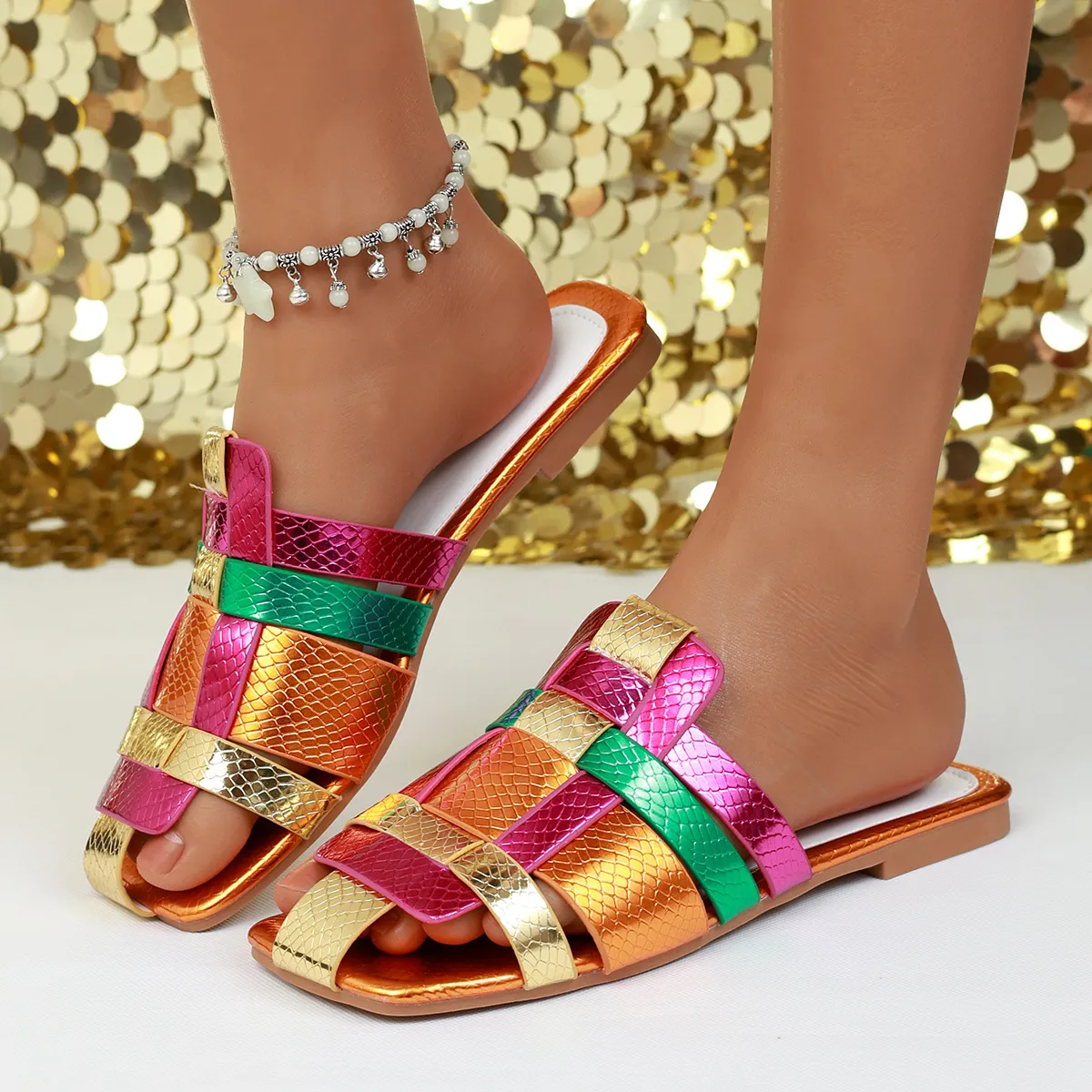 Net Red Candy Color Weaving Large-Size Flat-Bottomed Beach Cool Drag 2025 Summer New Women's Drag Casual Slippers HZ0115