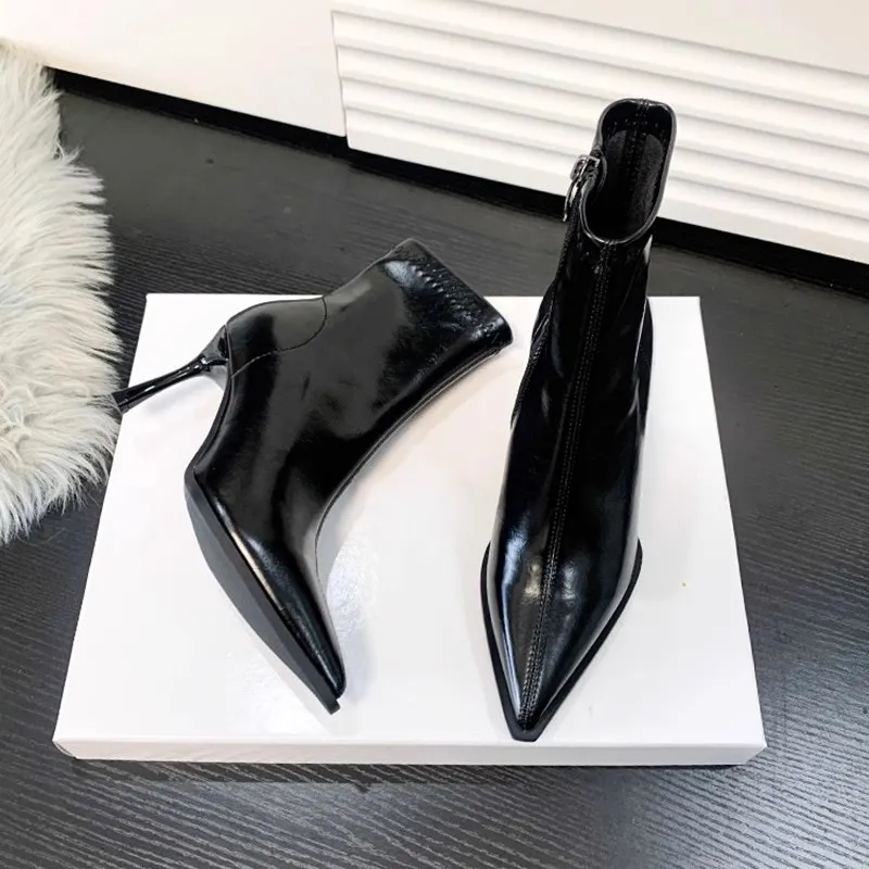 2025 Autumn Sharp Leather Fashion Thin Short Boots Women's Side Zipper Fine And High And Thin Boots Naked Boots HZ0115