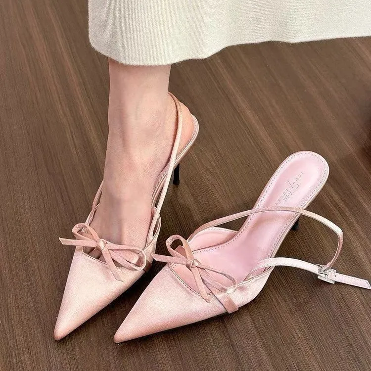 Silver Pointed Bow Sandals Women Summer Word Fine Heels High Heels HZ0115