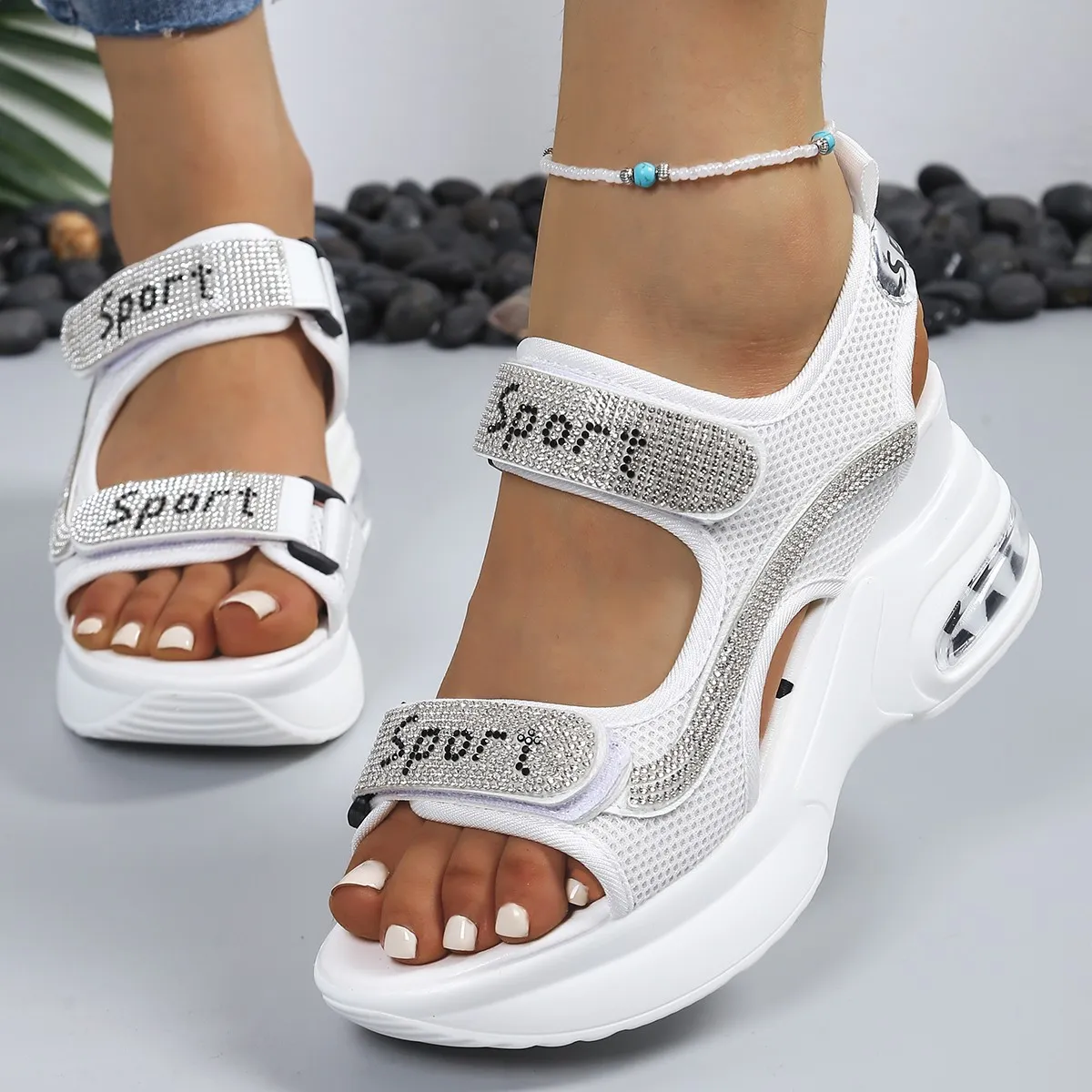 Net Red Slope Heel Sandals Women Large Size Fish Mouth Small Pine Cake Sports Sandals 8Cm Women's Shoes Thick Soles HZ0115