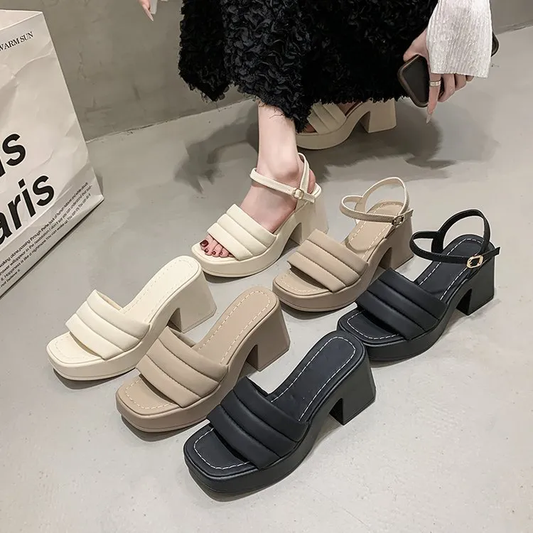 2025 Summer New Thick-Bottomed Slippers Women's Thick Heel Square Head Fashion Wearing High Heel One-Word Sandals HZ0115