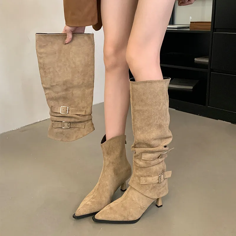 Tuff-Faced Pointed Folding Pile Boots Women 2025 Autumn And Winter New Detachable Two-Dable And Long Boots High And Short Boots HZ0115