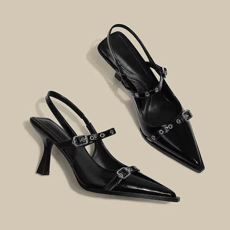 High-Heeled Women 2025 Summer New Black Pointed Fine Heel French One-Word With Head Sandals Shallow Single Shoes HZ0115