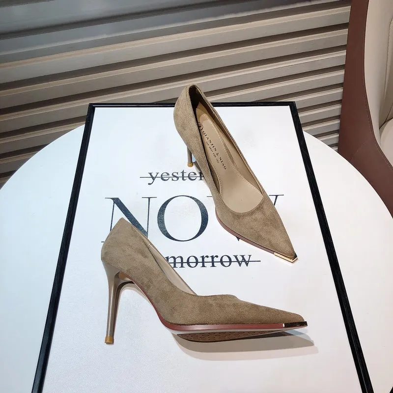 Kaky-Color High-Heeled Women 2025 New Fine-Heeled Temperament Velvet Head Pointed Single Shoe Commuter Work Shoes HZ0115