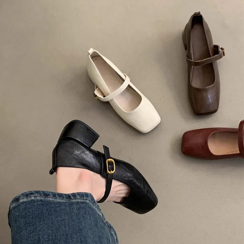 Vintage Square Head Thick Heel Single Shoes Women Spring And Autumn New French Evening Fairy Soft Skin Mary Jane Small Leather Shoes HZ0115