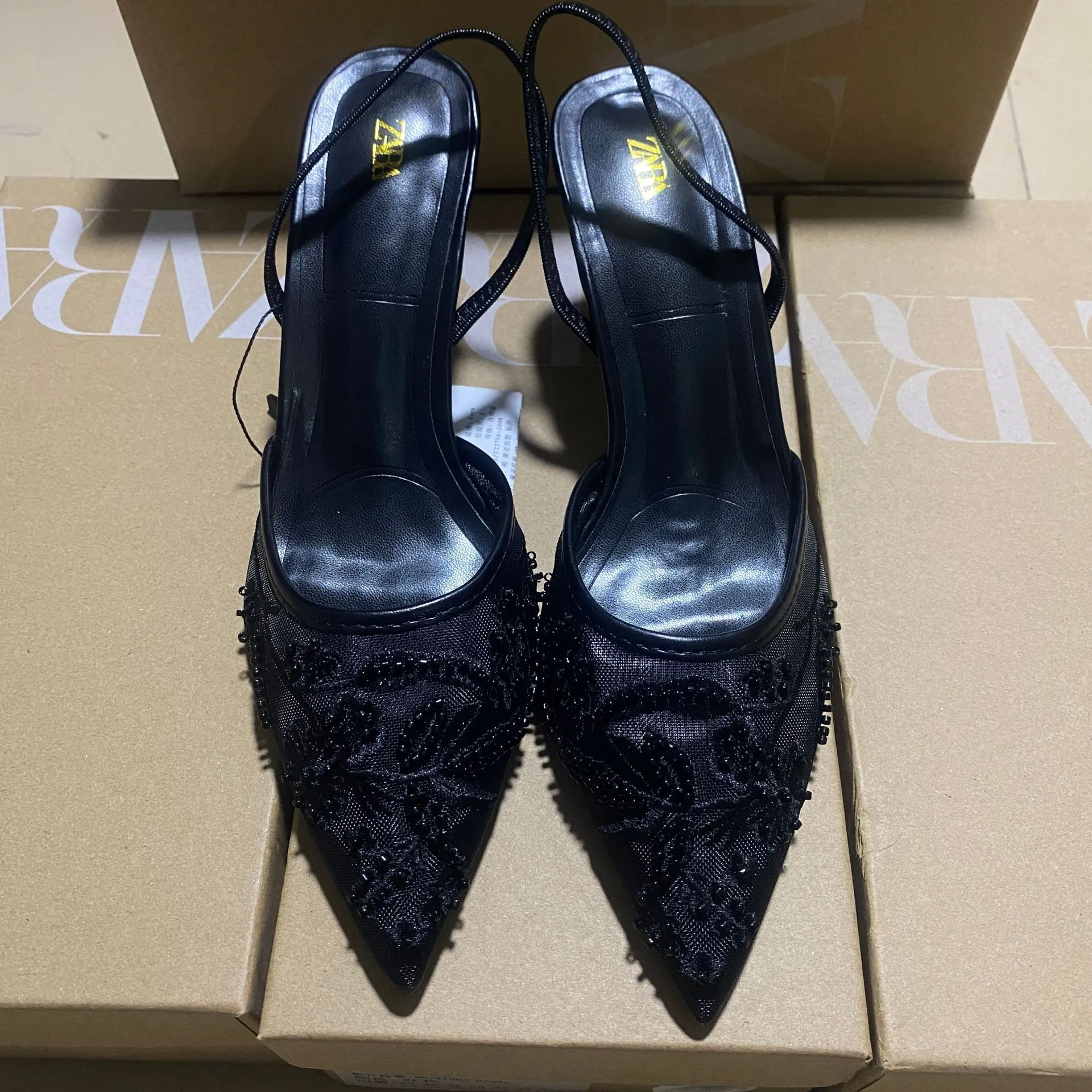 ZA Home 2025 New Women's Shoes Tip Head Behind The Empty Solid Color Embroidery Mesh Fine High Heel Muller Shoes 8326 HZ0115