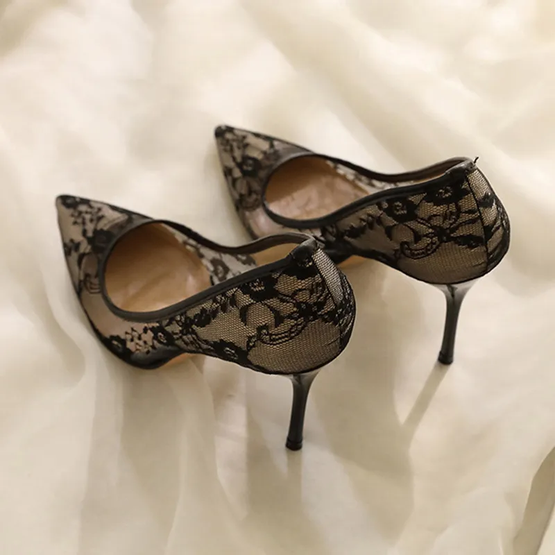 Airable Lace Mesh High Heels Women 2025 New Summer Design Sense Niche Temperament Tip Fine Heel Single Shoes HZ0115