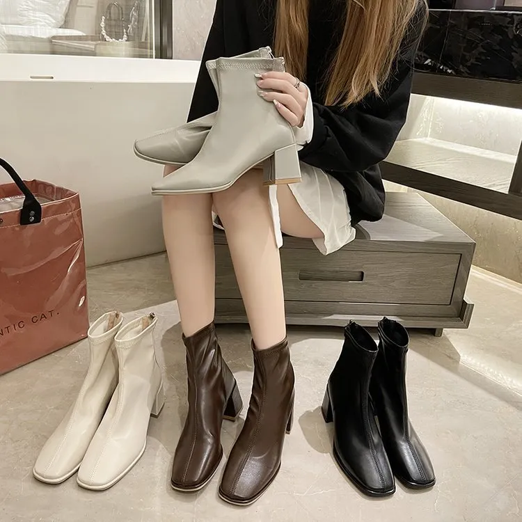 Vintage Short Boots Women 2025 Autumn New Square Head Thick And Fashion Boots After Zipper High And Thin Boots HZ0115