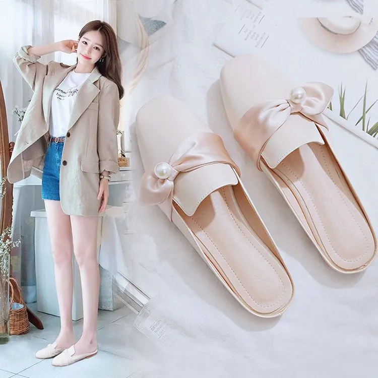 Net Red Large-Size Lace Pearl Bag Head Half Drag 2025 New Female Drag Low Sheel Lady Slippers HZ0115