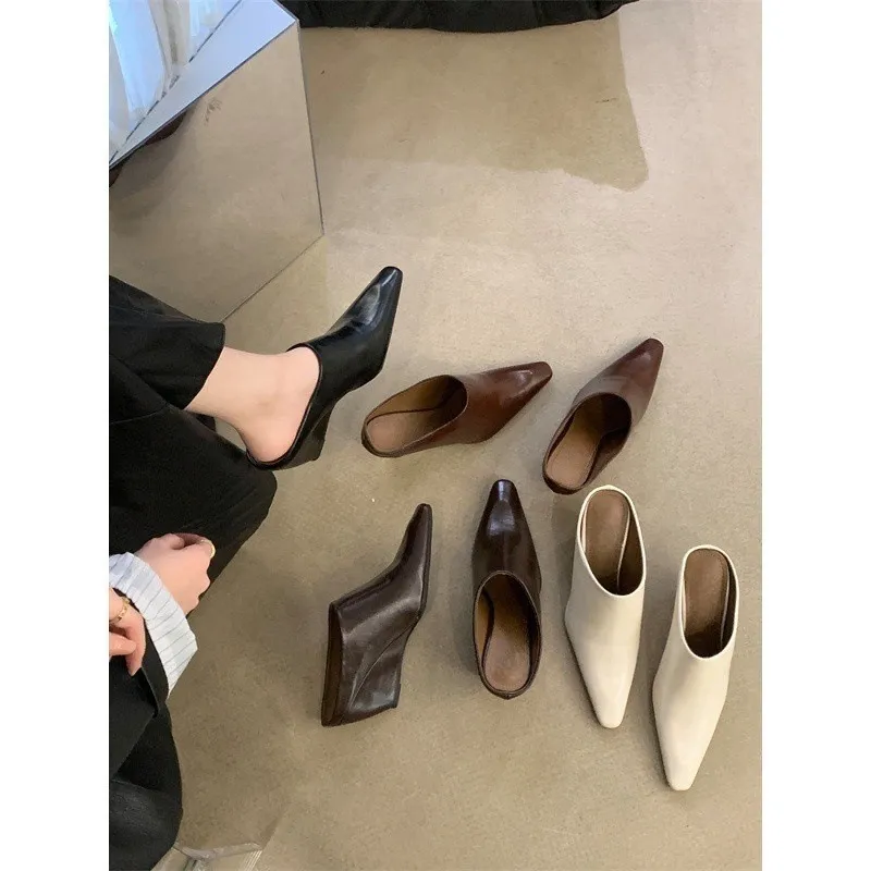 Baotou Half Slippers Women Small Head Slope And High Heel Cool Drag Fashion Outside Wearing Coarse Heel Lazy Muller Shoes HZ0115