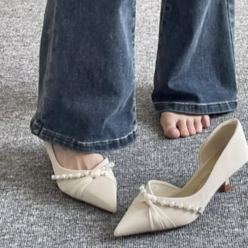 High-Heeled Women 2025 Summer New Fairy Wind Silk Satin Side Air With Fine Heel Tip Pearl Kinned Single Shoes HZ0115