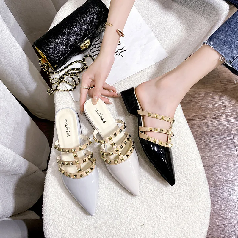High Heels 2025 Summer New Slippers Wearing Coarse Heel Low Heels Small Heel Half-Bag Pointed Cool Slippers Woman HZ0115