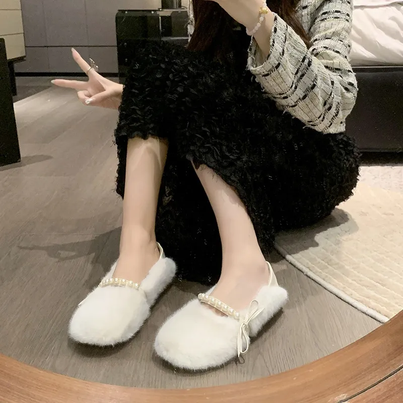 Hairy Shoes Women In The Autumn And Winter 2025 New Pearl Bow Round Head Pedal Wearing Slippers Two Wearing Lazy Shoes HZ0115