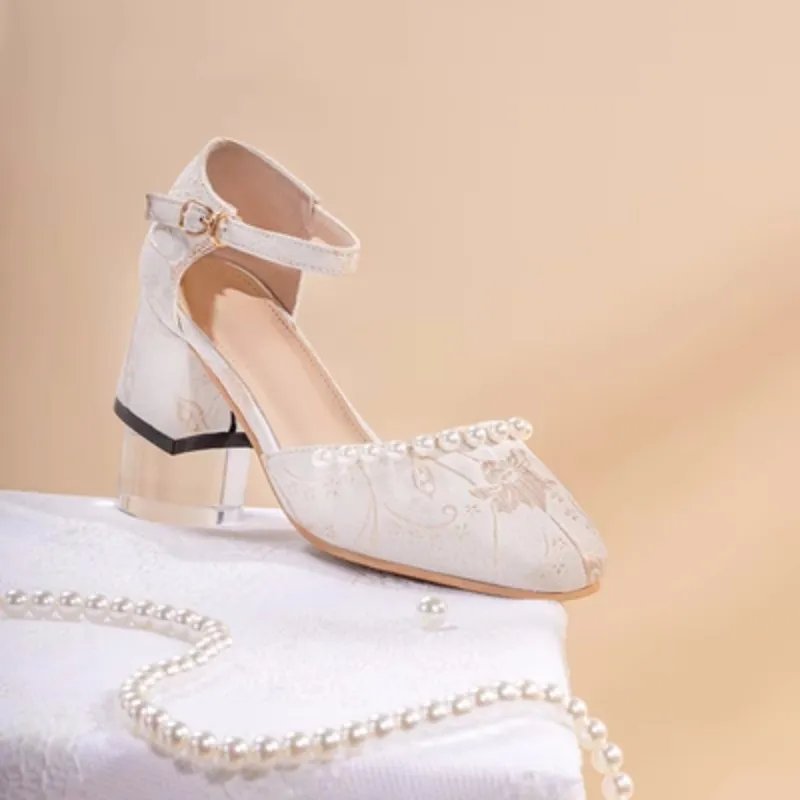 High-Heeled Women 2025 Summer New Daily Square Head Thick With The New Chinese Style With Pearl Single Shoes Female HZ0115