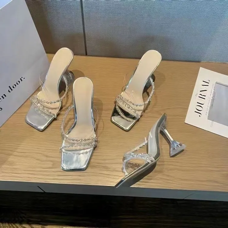 High-Heeled Women 2025 Summer New Beautiful Transparent Word With Fine Heel Slippers Women Wearing Square Sandals HZ0115