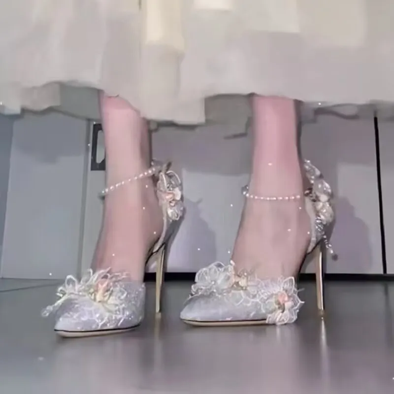 High-Heeled Women 2025 Summer New Beautiful Flower Pointed Wedding Shoes Pearl Fine And Shallow Mouth Hollow Sandals Women HZ0115