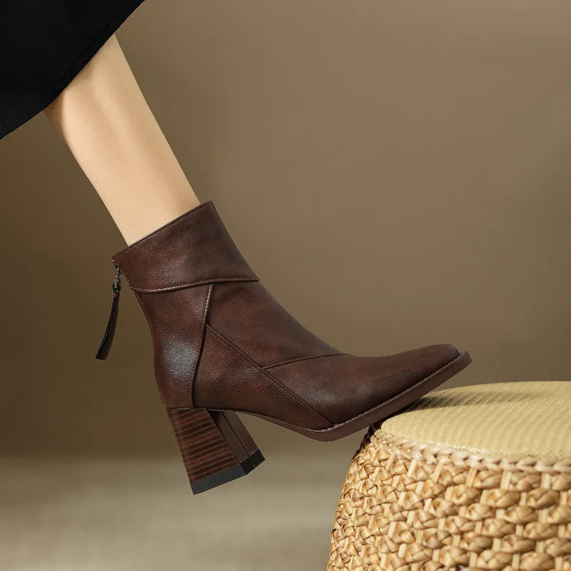 Coarse And Short Boots Women 2025 New High-Heere Winter Brown Skinny Boots English-Style Vintage Martin Boots HZ0115