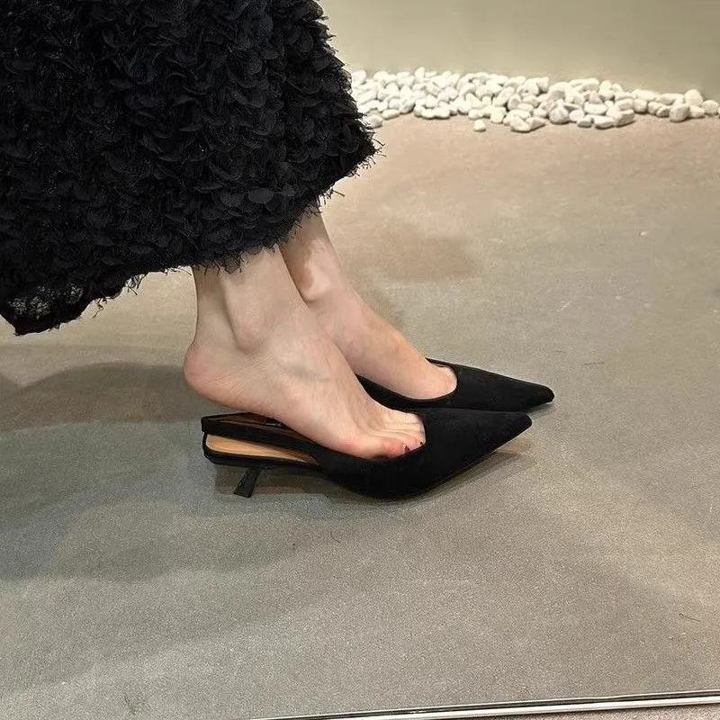French Retro Temperament Famous Head Pointed Sandals Women Summer Velvet Fine Heel Fairy High Heels Behind Empty Single Shoes HZ0115
