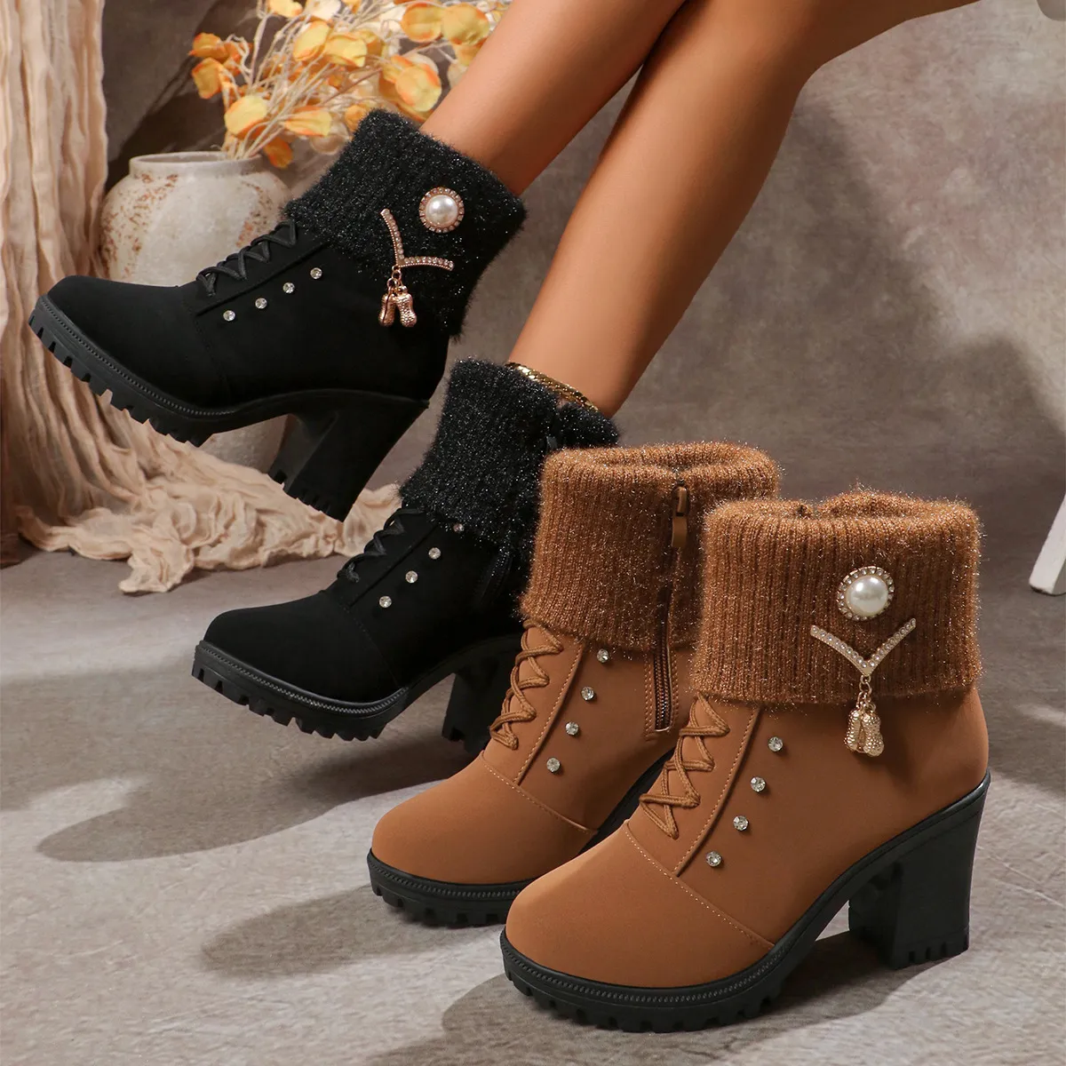 In The Fall Of 2025, The New Women's Boots Water Drilled Wool Mouth High Heel And Large-Size Fashion Shoes Zipper HZ0115