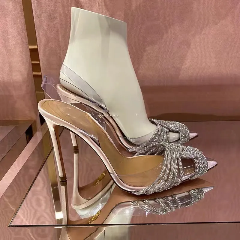 PVC Transparent Sandals Bag Head Cross-Drilled High Heels 23 Spring And Summer New After The Air Shallow Mouth Sweet Banquet Wedding Shoes HZ0115