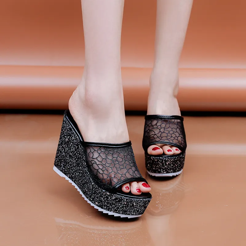 New Net Red Woman Drag Summer Fashion Korean Version Of Waterproof Platform Slope And Cool Drag Thick Bottom High Hedley Yarn Net One-Word Drag HZ0115